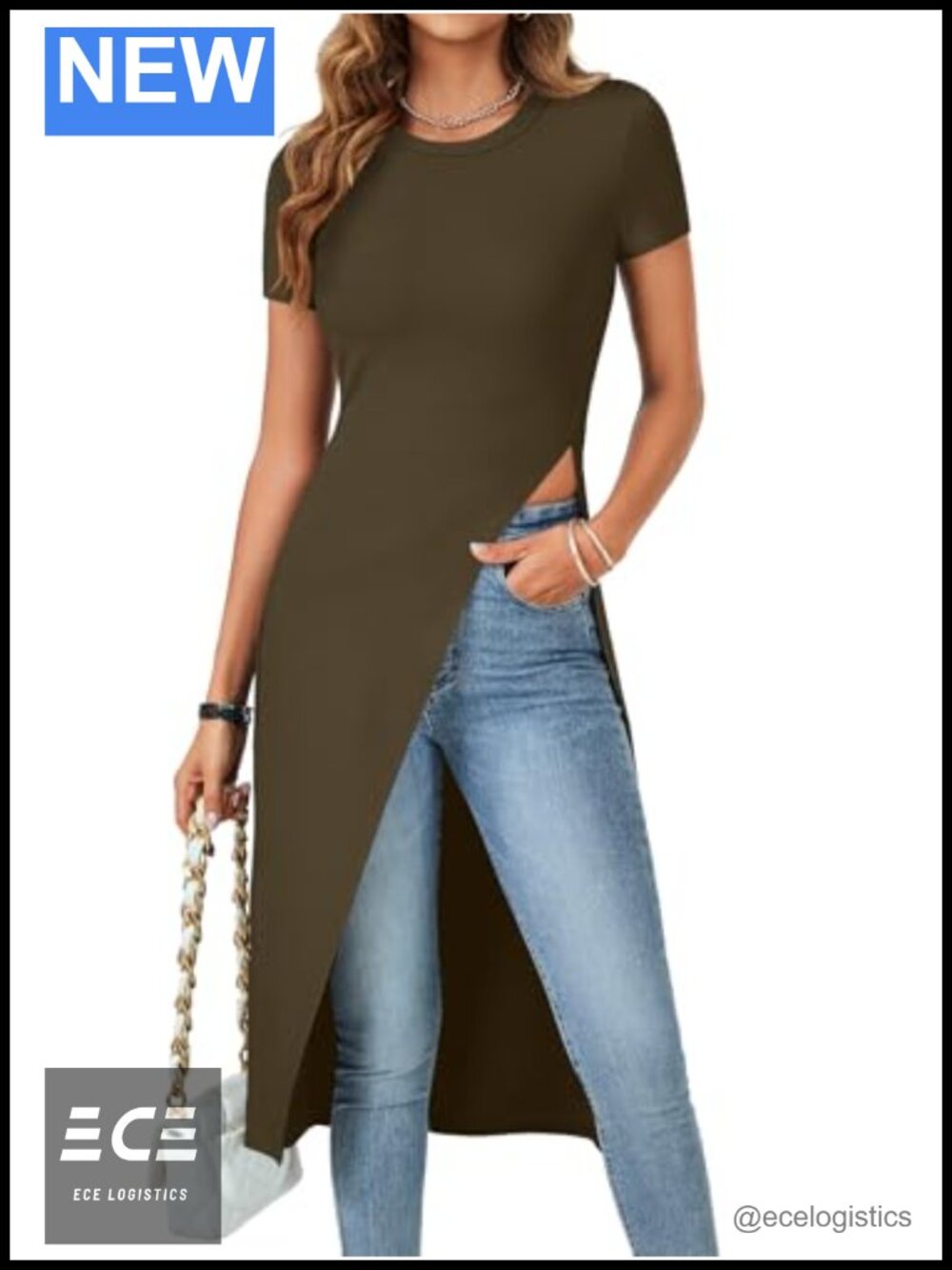 Womens Asymmetrical Hem Long T-Shirt Crew Neck Short Sleeve Slim Fit